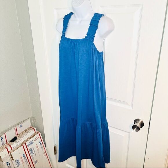 Lilla P Gathered Strap Peplum Midi Dress Cotton Modal Blend Marlin Blue XS NWT - Picture 8 of 13